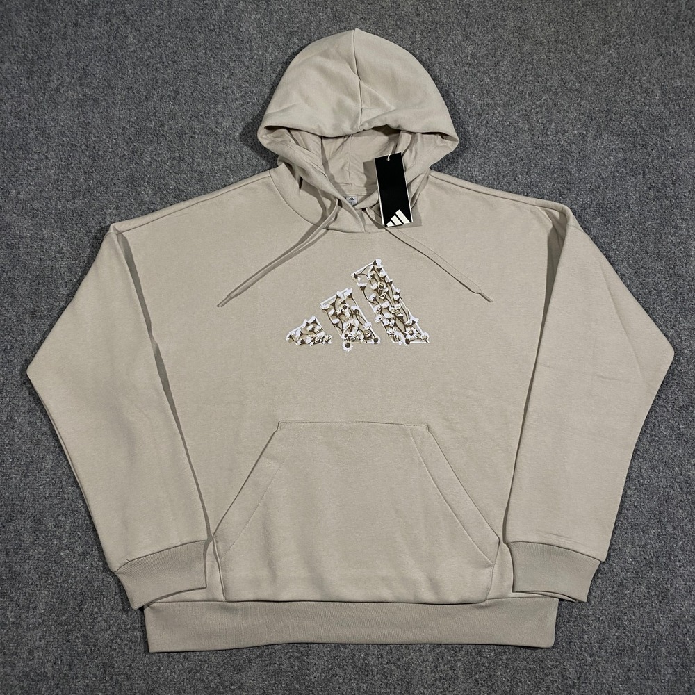 Adidas Trefoil Floral Logo Hoodie Womens XL Beige Pullover Fleece Sweatshirt - Picture 2 of 16